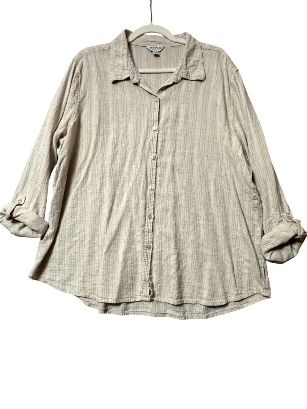 Orvis Classic Collection Womens Linen Blend Button Down Shirt XXL Beige Striped